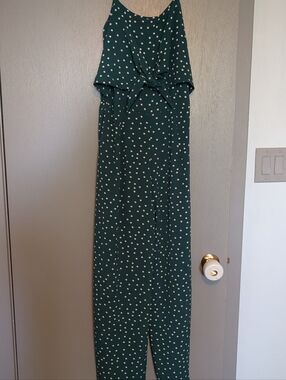 Green Polka Dot Spaghetti-Strap Jumpsuit with Front Tie
